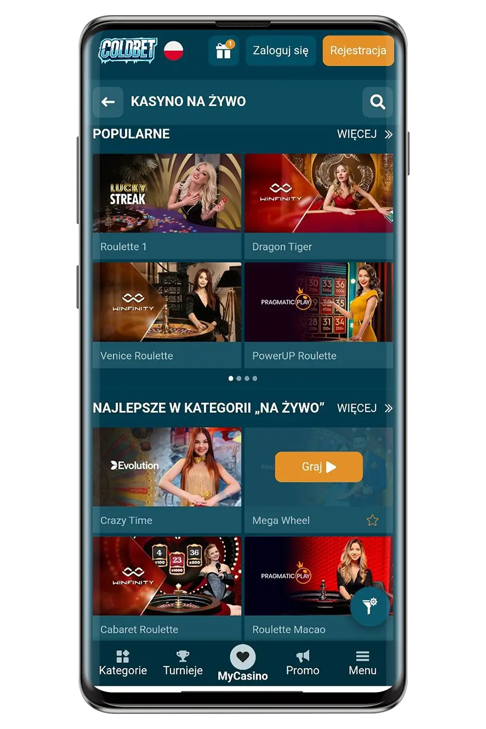 Zrzuty ekranu oficjalnej strony ColdBet na urządzeniach mobilnych
