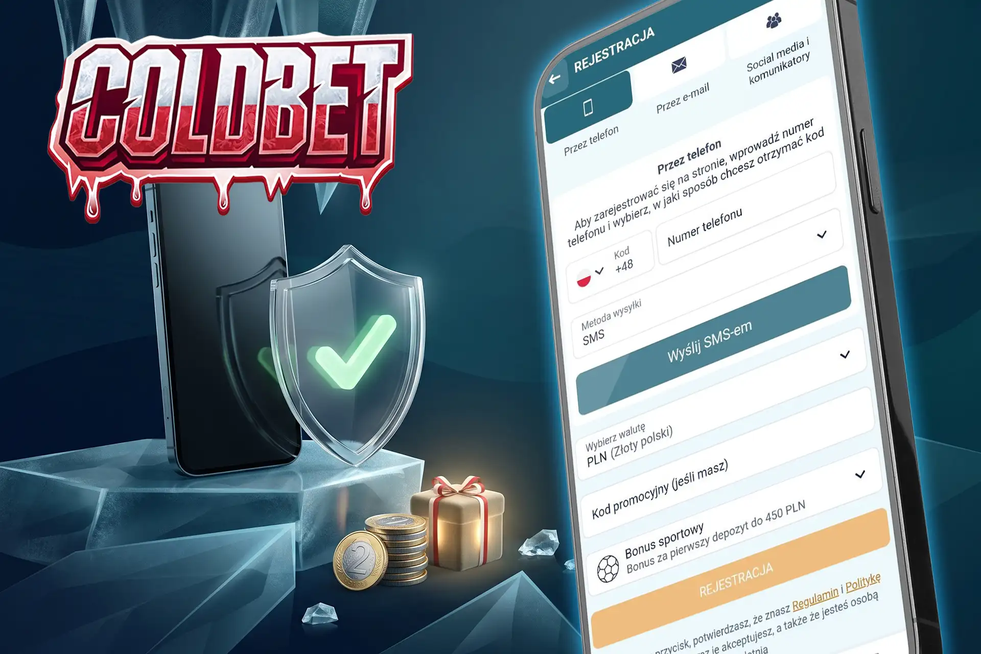 Prosty proces rejestracji konta i wpłaty pierwszego depozytu, zilustrowany formularzem na smartfonie, szklaną tarczą ochronną oraz złotymi monetami