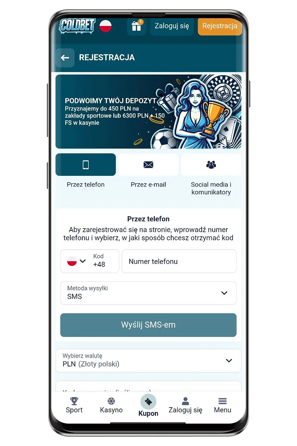Zrzuty ekranu oficjalnej strony ColdBet na urządzeniach mobilnych